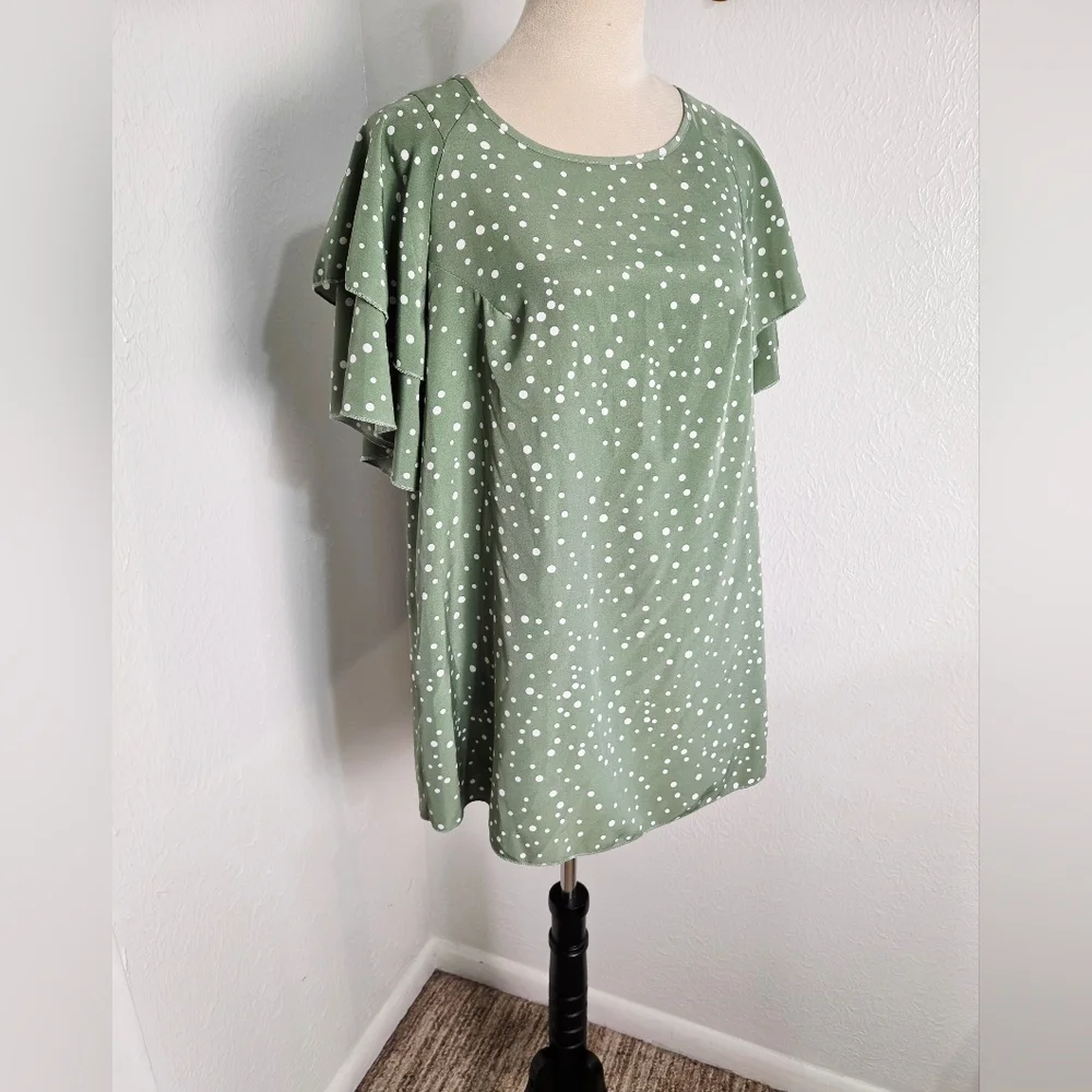 Sage Polka & White Polka-Dot Top, Ruffled, Layered Short Bell Sleeves, Size 1X